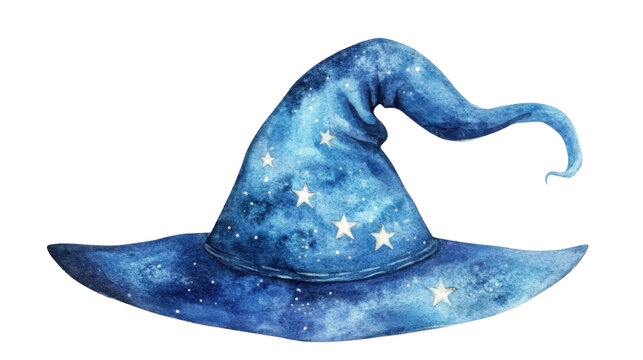 Watercolor art of a blue wizard hat with star details magical fantasy accessory with moon symbols hand painted mystical object illustration in soft textured style isolated on white background
