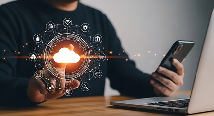 Glowing white cloud hovering on screen touched by a finger with modern tech connecting icons radiating warm light over