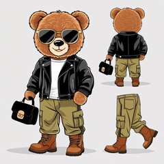 A vector illustration of a cute, A stylish a teddy bear wearing a black leather jacket, khaki cargo pants, brown boots, and gold-rimmed sunglasses. The bear is holding a small black bag . Full body sh