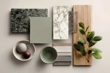 Kitchen Interior Design Mood Board. A kitchen mood board featuring marble, wood, and fabric samples, with natural elements.