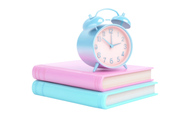 Conceptual arrangement of alarm clock with books representing study habits and productivity boost isolated on transparent background PNG