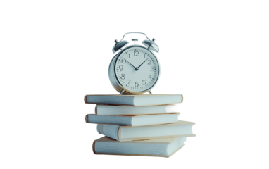 Alarm clock placed next to a stack of books symbolizing motivation and disciplined time management isolated on transparent background PNG