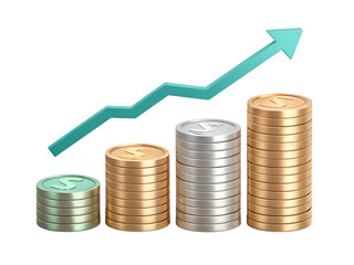 Stacked coins with rising green arrow, profit growth vector icon on transparent background, polished 3d render sticker style