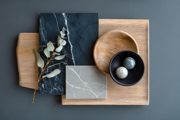 Kitchen Mood Board with Natural Elements. A kitchen mood board featuring marble, wood, and eucalyptus accents, showcasing interior design elements.