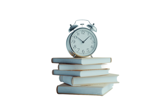 Alarm clock placed next to a stack of books symbolizing motivation and disciplined time management isolated on transparent background PNG