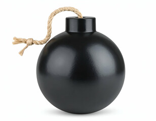 An iconic black cartoon bomb with a long braided fuse is perfectly isolated on a bright white backdrop.