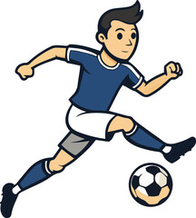Cute cartoon vector of a young soccer player in blue uniform dribbling the ball, ideal for kids sports materials and fun designs.