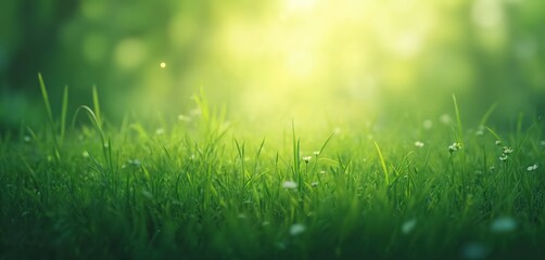 Obraz premium Abstract green nature background with grass, small white flowers in sunshine. Eco wallpaper for presentation, website, blog, banner, cover. Calm, peaceful illustration for relaxation, meditation,