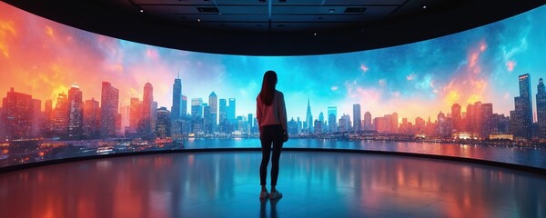 Woman views immersive art installation. Modern exhibition showcases digital cityscape. Skyline reflections in the water, creative display, futuristic tech art. Interactive experience.