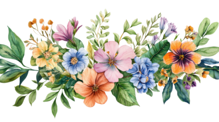 Watercolor bouquet of mixed spring and summer garden flowers with leaves and greenery hand painted floral arrangement botanical composition artistic vintage style isolated on white background