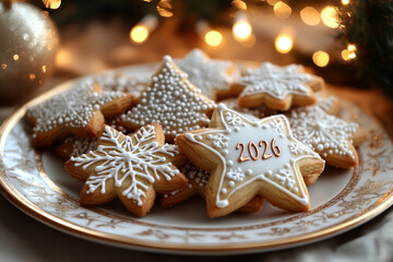 Festive holiday cookies with 2026 design on elegant plate and twinkling lights