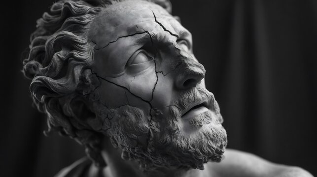 Monochrome close-up of a cracked sculpture head with intricate details and texture
