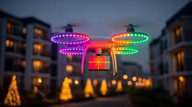 Drone delivery christmas gifts concept drone lights flying at night christmas tree in background - Powered by Adobe