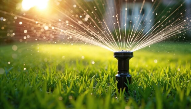 Close-up sprinkler spraying water on green lawn in sunny day. Modern irrigation system waters residential garden, providing efficient plant care, eco friendly water conservation. Lawn care, home