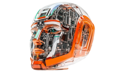 Futuristic robotic head design displaying artificial intelligence through exposed components and structure isolated on transparent background PNG