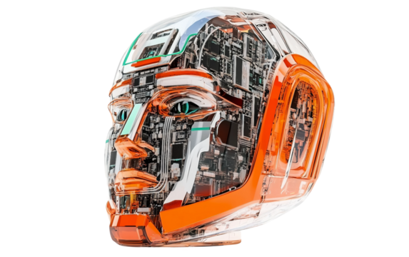 Futuristic robotic head design displaying artificial intelligence through exposed components and structure isolated on transparent background PNG