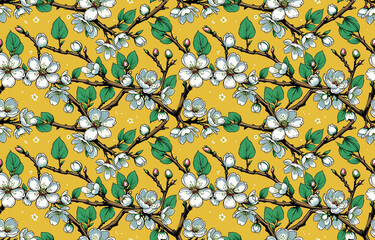 Bright seamless pattern with blooming sakura branches on bright yellow background for textile, branches of Japanese sakura with white flowers for fabric prints, web design and digital projects