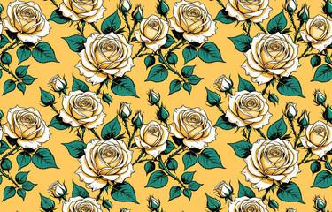Bright seamless pattern with blooming roses on bright yellow background for textile, fabric prints, web design and digital projects