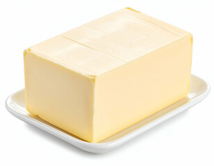 A smooth, golden block of fresh dairy butter sits elegantly on a white ceramic dish, ready for culinary use.