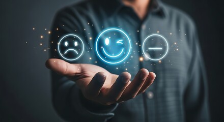 Luminescent hand presenting a spectrum of digital emotion icons against a subtly textured backdrop of modern digital age