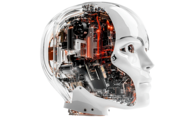 AI robot head featuring transparent glass panels revealing internal circuits symbolizing smart technology isolated on transparent background PNG