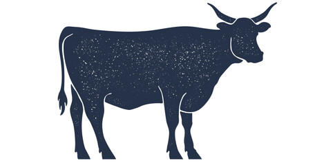 Cow, bull, beef. Hand drawn silhouette. Vintage retro print, black white cow, bull, beef sketch ink pencil drawing. Sketch artwork silhouette cow bull. Side view profile beef bull. Vector Illustration