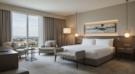 Serene hotel suite with city view, soft lighting, and modern decor