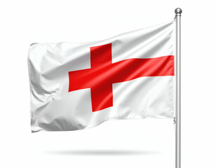 Obraz premium Majestic St. George's Cross, the vibrant flag of England, proudly unfurls on a flagpole against a clean white backdrop.