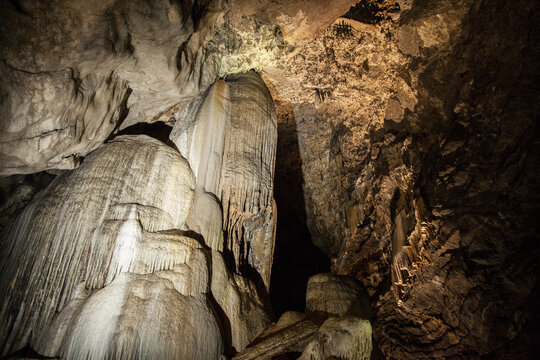 Crystal stalactite rock formation in Cathedral Cave at Wellington