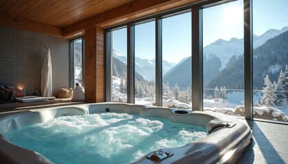 Obraz premium Jacuzzi with bubbling water inside modern spa resort hotel with winter mountain view. Relaxation wellness avocation in cold season. Hot tub water spa indoor vacation lifestyle.