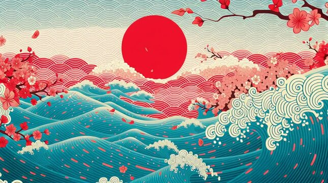 Traditional Japanese Style Illustration with Waves, Sakura Blossoms and Red Sun