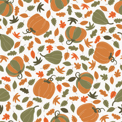 Vector pattern with pumpkins and leaves. Autumn pattern. Season Cozy