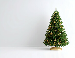 A festive Christmas tree adorned with golden baubles and warm lights brightens a minimalist white room.