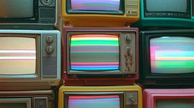 Stack of Retro Televisions with Static Screens and Color Bars