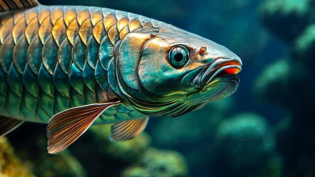 Vibrant fish close-up in an aquarium, colorful scales, underwater scene