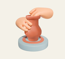 3D Illustration of Pottery Wheel and Hands Shaping Clay