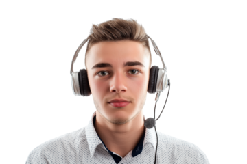 young man wearing headset  isolated on white background