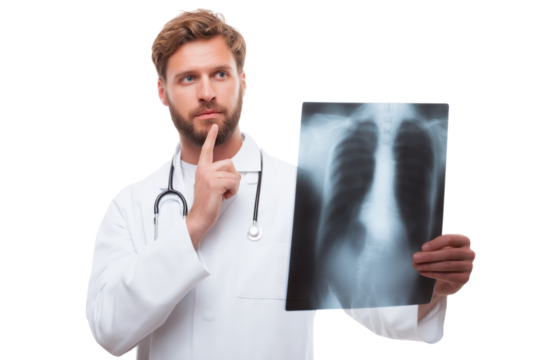  doctor carefully examining X-ray image  isolated on white background