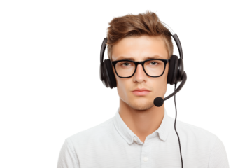 young man with glasses and headset  isolated on white background