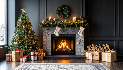 Obraz premium Fireplace with holiday decorations