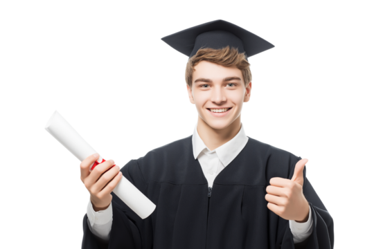 young graduate smiles holding diploma and shows thumbs-up sign  isolated on white background
