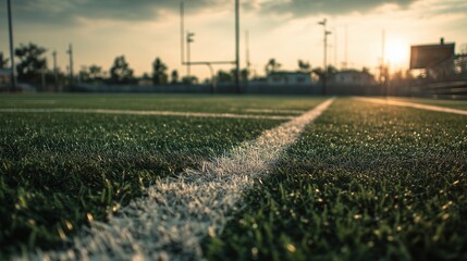 Close-up of empty green football field lines with a goal post in the distance, serene atmosphere