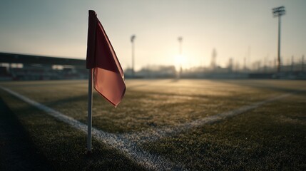 Close-up of the corner flag at an empty football field, early morning sunlight