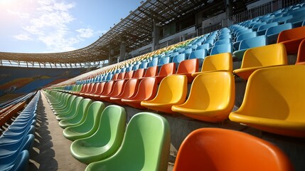 Empty rows of colorful stadium seats under bright daylight, wide angle shot
