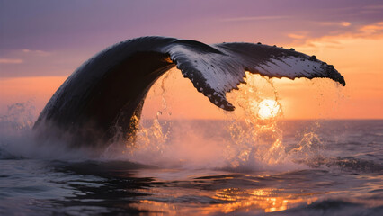 Whale's tail silhouetted against a glowing sunset over the ocean.