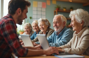 Group of senior people, smiling faces learn computer tech with young instructor. Elderly students work on laptops in classroom. Seniors enjoy training class, educational lesson for retired people,