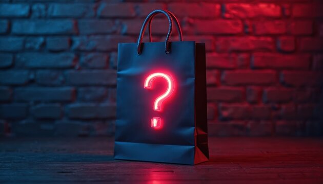 Stylish black shopping bag with neon question mark in dark setting. Mystery retail commerce theme, illuminated lighting design. Modern product presentation, fashion, consumerism, sales promo
