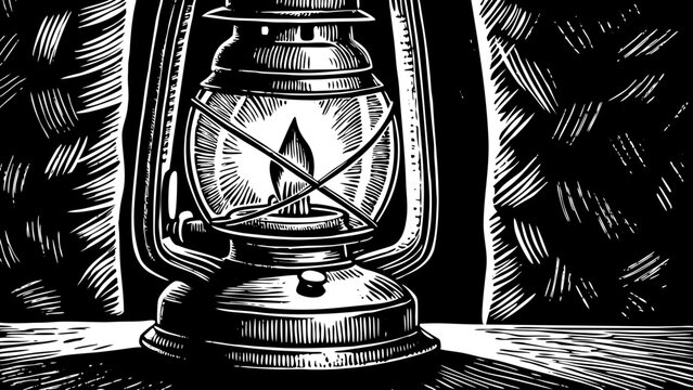 rustic lantern with a flickering flame inside, suitable for camping designs, vintage posters or cozy product branding a black and white line art illustration