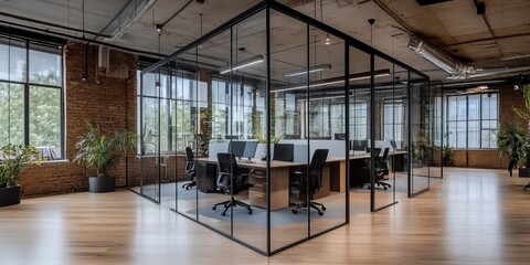 Elegant Office Interior Design with Natural Light, Glass Partitions, and a Spacious Modern Workspace