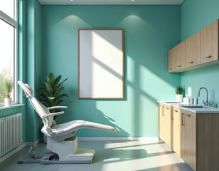 Modern dental clinic interior design. Empty poster on wall for mock up. Pro dentist chair, light blue walls, cabinets, sink, plants, bright light, window, floor. Medical design, healthcare concept.